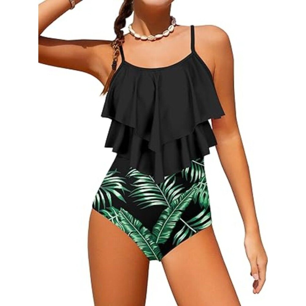 Girls Swimsuit Color Block One Piece Swimsuit 2-Tiered Ruffle Bathing Suit 11-12